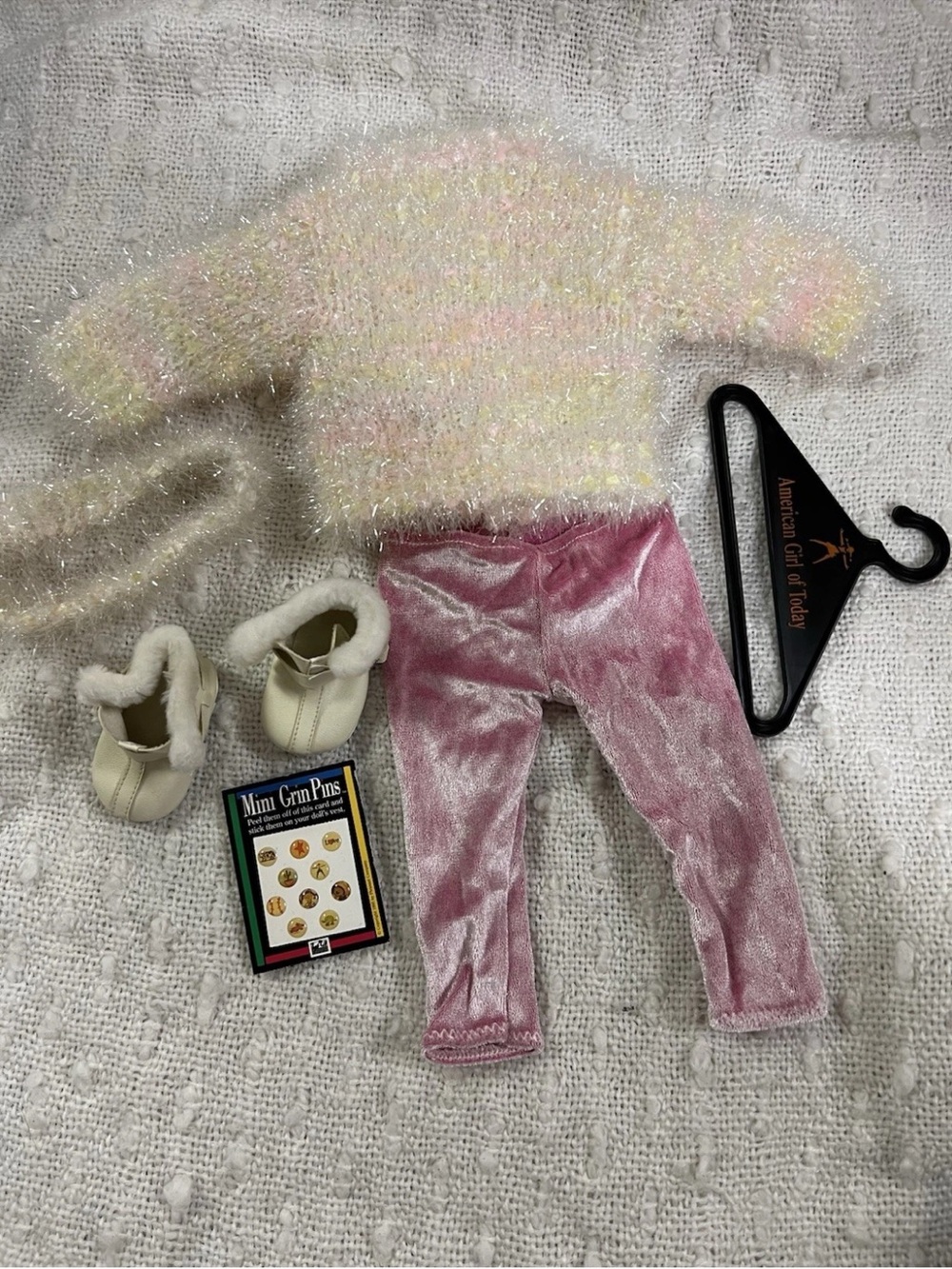 American Girl Iridescent Fuzzy Sweater with Pink Velvet Pants & Cream Booties